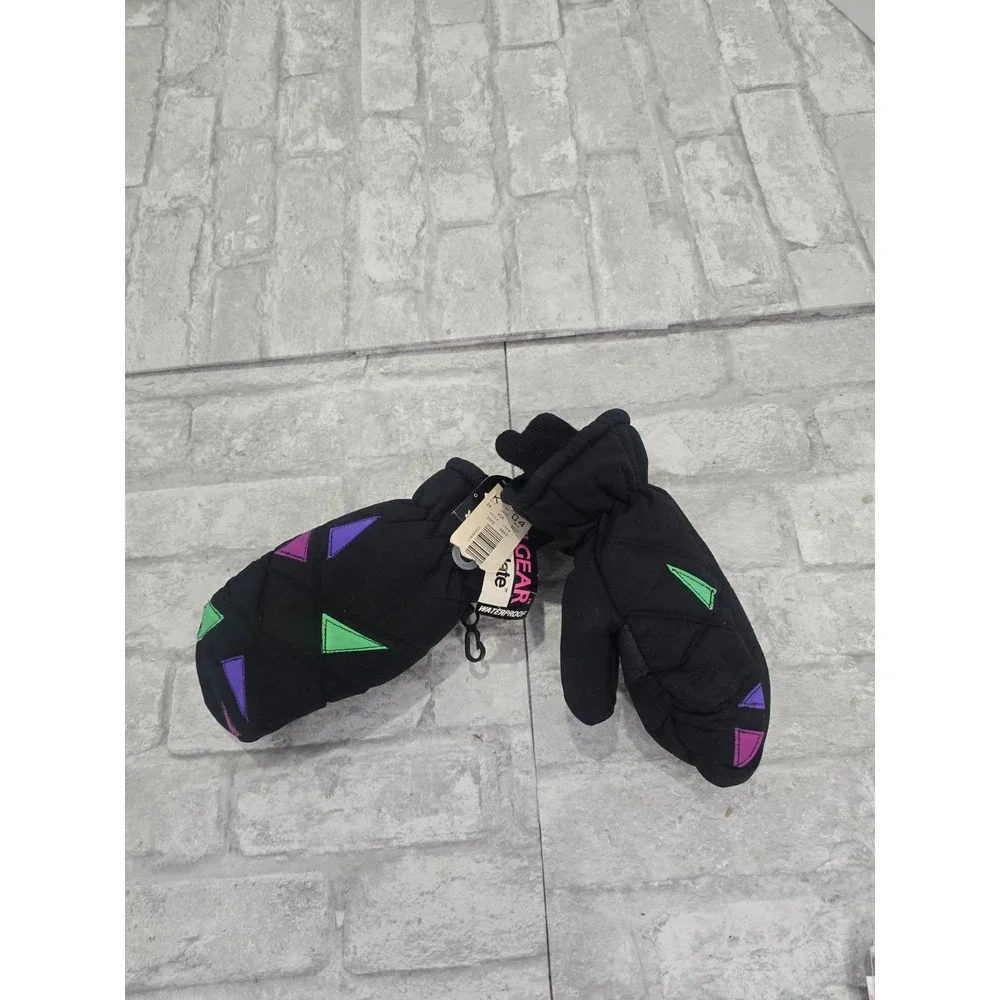 Girls Thinsulate 80s Neon Geometric Snow Mittens Black Waterproof NOS New